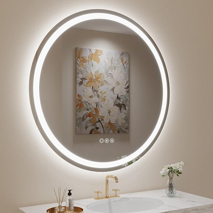 LOVESPEJO 36" Round LED Bathroom Mirror with Lights, Circle LED Mirror for Bathroom, Fogless, Dimmable, 3 Color Changing, IP54, Shatter-Proof