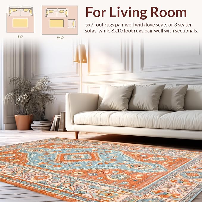 Flatwoven High Traffic Area Rug 5x7, Southwest Desert Bloom Motif Floor Covering with Elegant Detail, Non Slip, Stain Resistant, Washable Area Rugs for Living Room, Bedroom (Blue, 5x7)