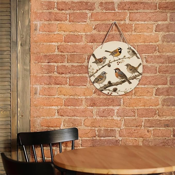 VstaDank Vintage Bird Wall Decor Round Wood Hanging Sign 7.9x7.9 in Wooden Circle Door Hanger with Ropes, Rustic Wall Art Decor for Home Front Door Indoor Outdoor Decoration