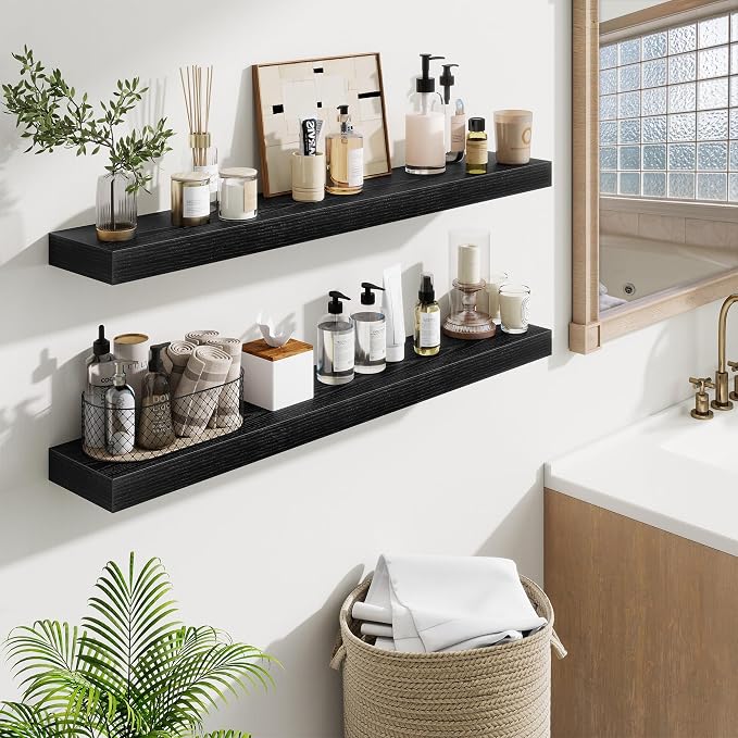 Fun Memories 40 Inch Floating Shelves, Long Wood Wall Shelf Set of 2 with Invisible Brackets, for Bathroom, Living Room, Bedroom, Kitchen, Black