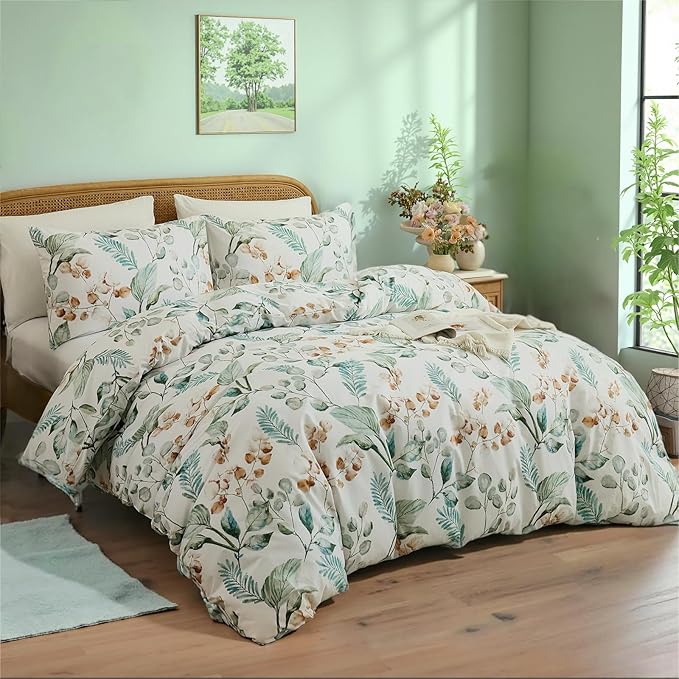 100% Cotton Duvet Cover Queen Size – Eucalyptus Botanical Print Green Floral Duvet Cover Set, 3-Piece Soft Breathable Natural Premium Cotton Bedding Set for All Seasons