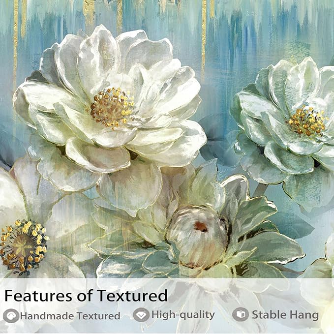 Ardemy Teal Canvas Wall Art Large Framed Magnolia White Floral Pictures Wall Decor Textured Painting Flowers Turquoise Artwork for Living Room Bedroom Dining Room Home Office, 48"x24"