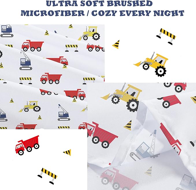 Viviland 3 Pieces Boys White Twin Sheet Set - Soft Microfiber Fitted Flat Sheets & Pillowcase Bed Sheet Set- Red Excavator Construction Tractor Truck Bedding Sets - for Kids & Toddlers