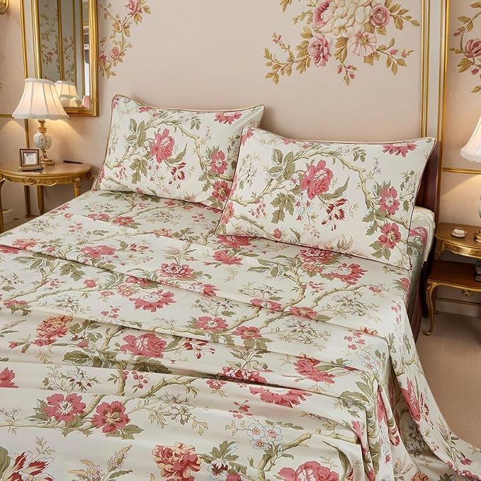 Brandream Floral Bedding Chinoiserie Blossom Farmhouse Sheets Set Queen Size Luxury Grandmillennial Bedding Decor 100% Egyptian Cotton Deep Pocket, 4Pieces Botanical Tree Branches Ornamental Drawing