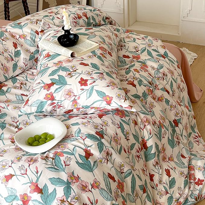 EAVD Red Floral Duvet Cover King Soft 100% Cotton Garden Floral Leaves Botanical Bedding Set with 2 Pillowcases Chic Shabby Vintage Floral Comforter Set with Zipper Closure