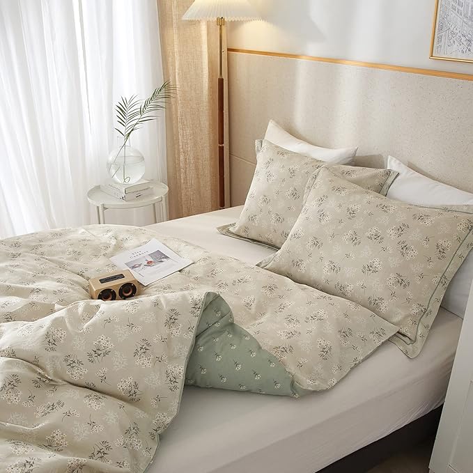 EAVD Boho Floral Duvet Cover King Beige 100% Cotton Chic Shabby Garden Floral Pattern Aesthetic Bedding Set with 2 Pillowcases Reversible Green Floral Botanical Duvet Cover with Zipper Closure