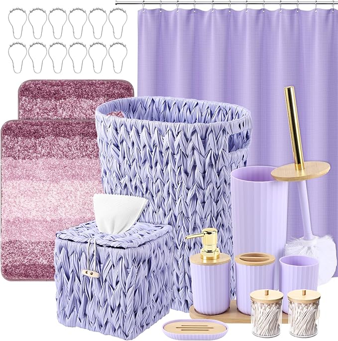 Bathroom Accessories Set, 25PCS Wicker Bathroom Accessory Set with Shower Curtain, Bath Mat, Soap Dispenser, Handwoven Trash Can & Rattan Tissue Box (Purple, Bath Set+Shower Curtain+Rugs)