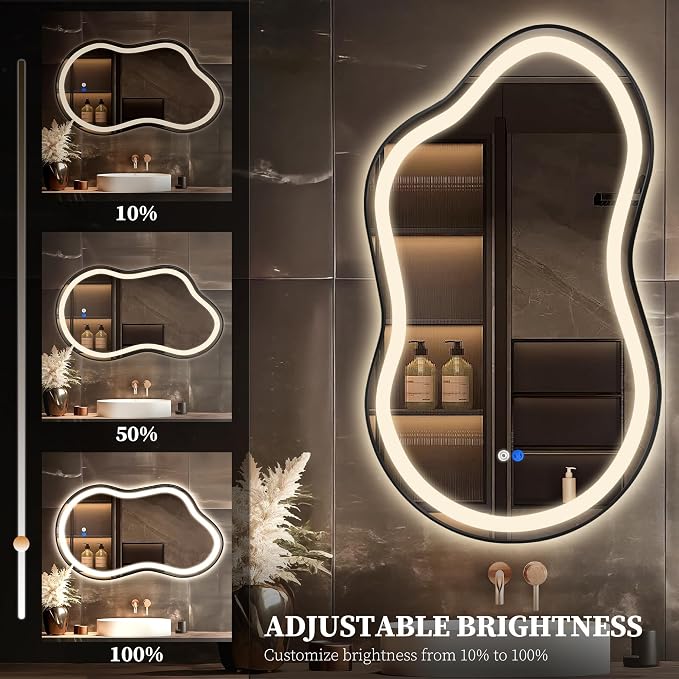 Irregular LED Bathroom Mirror with Lights, Cloud Smart Backlit Mirror, Dimmable Lighted Bathroom Mirror with Anti-Fog, Asymmetrical Vanity Mirror Hangable 2 Ways (Black, 24" x 36", 1 Pack)