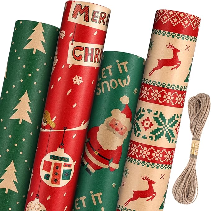 Panigkids Wrapping Paper Jumbo Rolls, Holiday Gift Kraft Wrap Paper for Kids Adults, 4 Rolls - 17 in. x 16 ft. Per Roll, Green Christmas Tree, Snowflakes, Santa, Merry Christmas.（With Jute Twine）