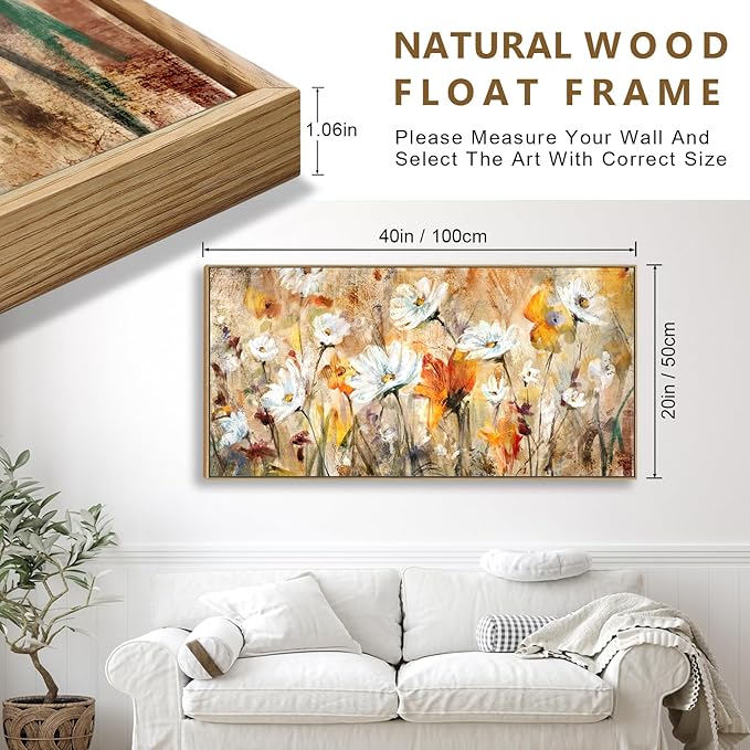 Framed Abstract Floral Wall Art for Living Room Decor Flowers Canvas Wall Pictures White Red Orange Yellow Brown Modern Daisy Artwork Canvas Prints Bedroom Kitchen Office Home Wall Decor 20"x 40"