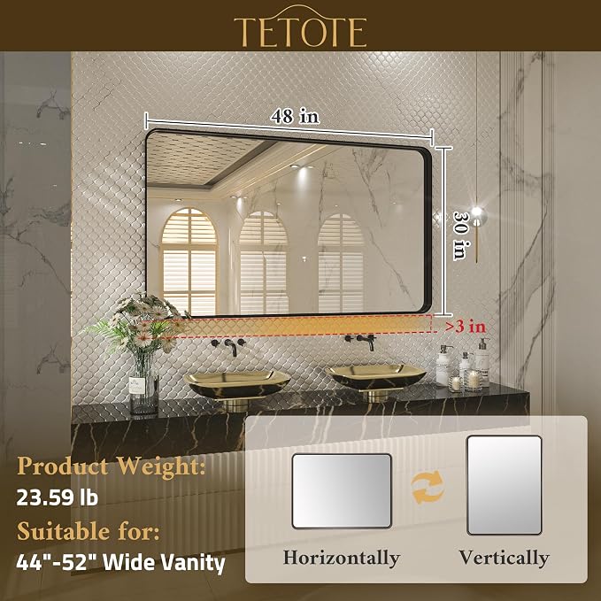 TETOTE 48 x 30 Inch Bathroom Vanity Mirror, Silver Framed Brushed Nickel Modern Farmhouse Decorative Rectangle Entryway Wall Mirror (Horizontal/Vertical)