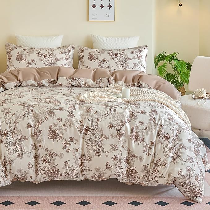 Brown Floral Duvet Cover Set 100% Percale Cotton Queen Size Shabby Vintage Toile Flower Printed Comforter Covers with Zipper, Soft & Breathable French Country Bedding 3Pcs-Not Comforter