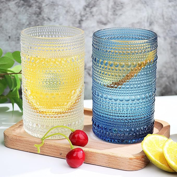 Hobnail-Drinking Glasses 13oz Vintage Glassware Sets Cocktail Juice Glasses Set of 6, Sapphire