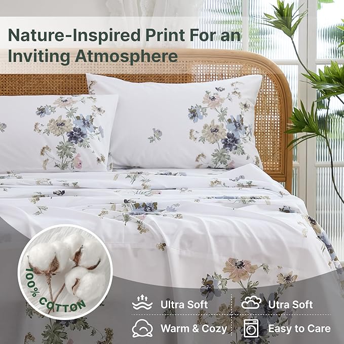 100% Cotton Sheet Set Queen Size – 4-Piece Vintage Chic Floral Bedding Set, Soft Breathable Percale Weave, Deep Pocket Fitted Sheet 17.5", Crisp Cool Feel, Refined Botanical Elegance
