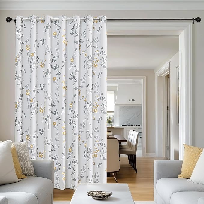 Beauoop Floral 100% Blackout Curtains 84 Inch Length 1 Panel for Patio Sliding Door Extra Wide Yellow Grey Flower Patterned Divider Room Darkening Thermal Soundproof Grommet Window Drapes, 100x84x1