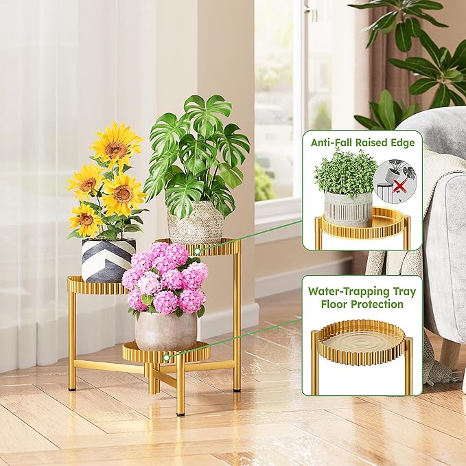 Stand Plants, 3 Tier Metal Corner Plant Stands for Outdoor Indoor, Heavy Duty Flower Pot Stands for Multiple Plants, Decoration Floding Tall Display Racks for Patio Garden -GoldFloroma