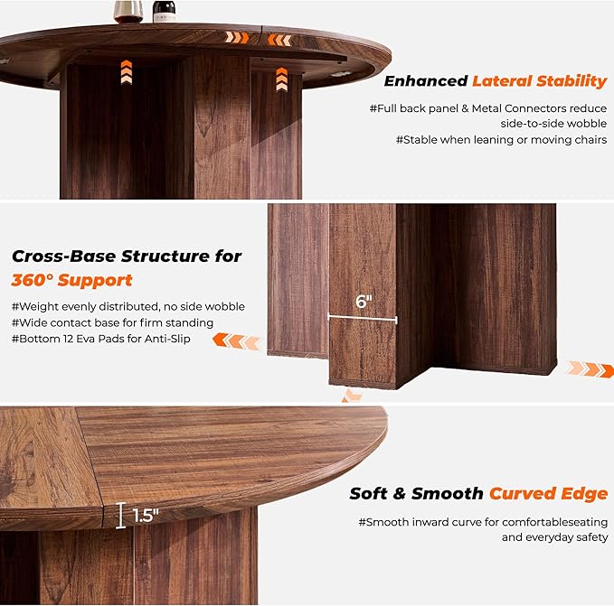 RedLemon Round Dining Table for 4 People, 47" Modern Wood Kitchen Table with Thick Stable Cross Pedestal Base & Curved Edge, Round Dinner Table for Dining Room, Kitchen (Rustic Walnut)
