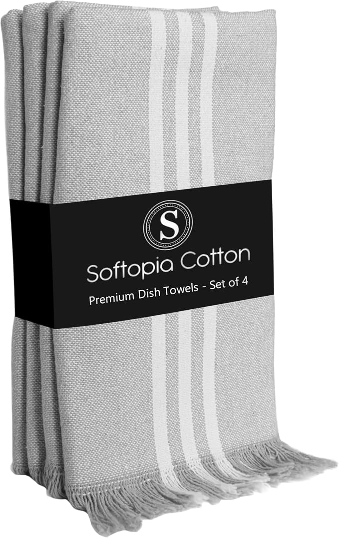 Prewashed Stripe Kitchen Towels 4 Pack, 100% Cotton Tea Towels, 16"x26" Quick Dry Dish Cloths for Drying, Reusable Wash Cloths for Cleaning, Absorbent and Washable - Light Grey