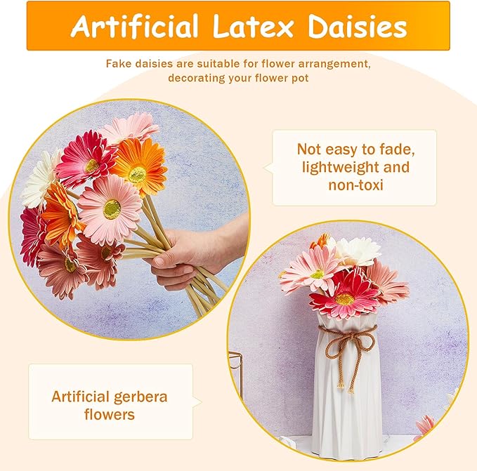 WILLBOND 12 Pieces Artificial Gerbera Daisies Flowers Fake Daisy Faux Boho Daisy Flowers Bouquet 15 in for Boho Birthday Decorations Wedding Home Decor (White,Pink,Yellow,Orange,Rose,Coral)
