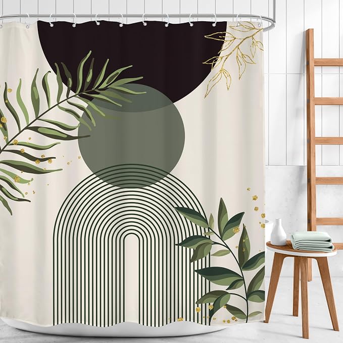 Dark Green Boho Shower Curtain 60Wx72H Teal Green Modern Bohemian Mid Century Abstract Gold Leaves Plant Bathroom Decor Minimalist Geometric Neutral Bath Curtain Fabric Polyester 12 Pack Hooks