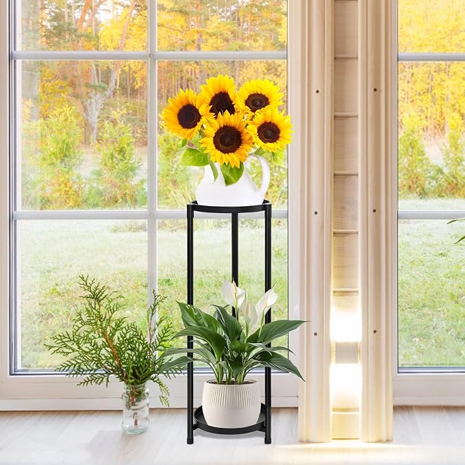 2 Tier Plant Stand Indoor Tall, Black Corner Tiered Round Plant Stand for Indoor Multiple Plants, Metal Flower Pot Stands Outdoor Holders Plant Shelf Display Rack for Balcony Living Room