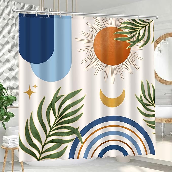 JWXCBIM Boho Mid Century Shower Curtain, Bohemian Blue Minimalist Simple Aesthetic Modern Bathroom Decor, Colorful Rainbow Sun Moon Natural Botanical Leaves Fabric Cloth Bath Curtain 72x72 Inches