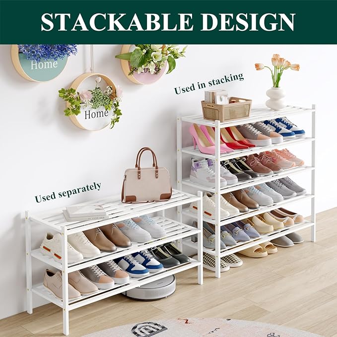 Smiry Long Bamboo Shoe Rack 4-Tier, Stackable Wooden Shoe Organizer for Entryway & Closet, Free Standing Wood Shoe Storage Shelf for Front Door & Small Spaces, White