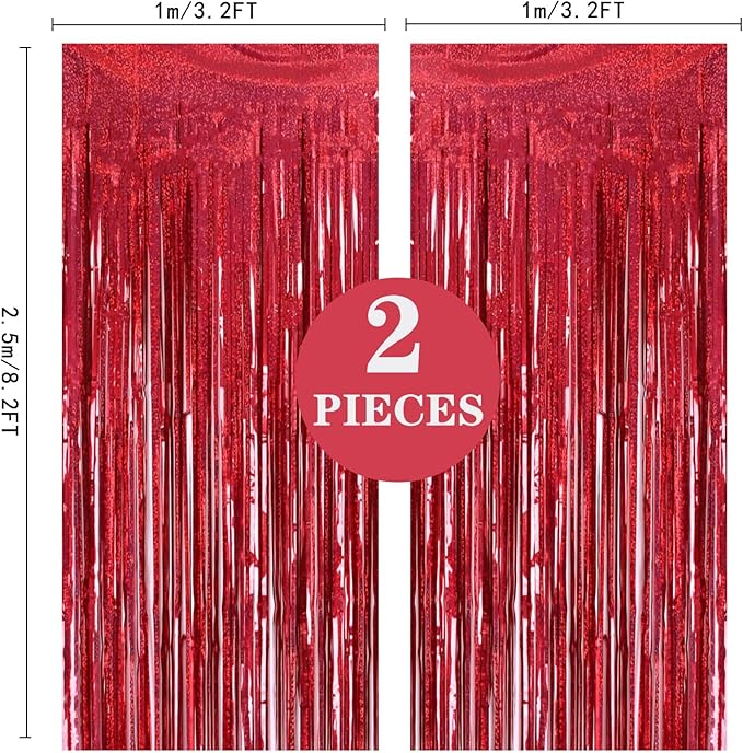 2 Pack 3.2ft x 8.2ft Red Foil Fringe Curtain, Glitter Metallic Tinsel Foil Fringe Curtains Photo Booth Backdrop Tinsel Door Curtains for Wedding Bridal Shower Bachelorette Christmas Party Decorations