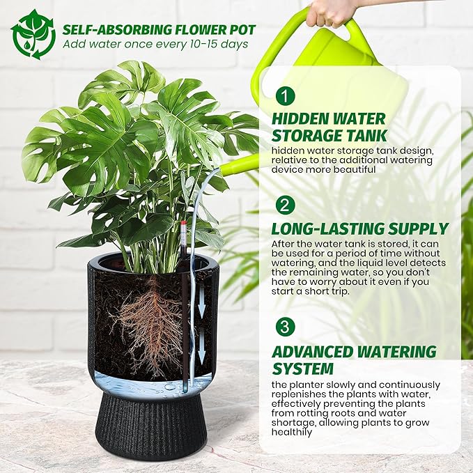 14.2" Tall Planters Set of 2, Plant Pots, Self Watering Pots for Indoor Plants, Flower Pots with Built-in Drainage and a Water Level Monitor, for Patio, Porch, Living Room, or Office, Black