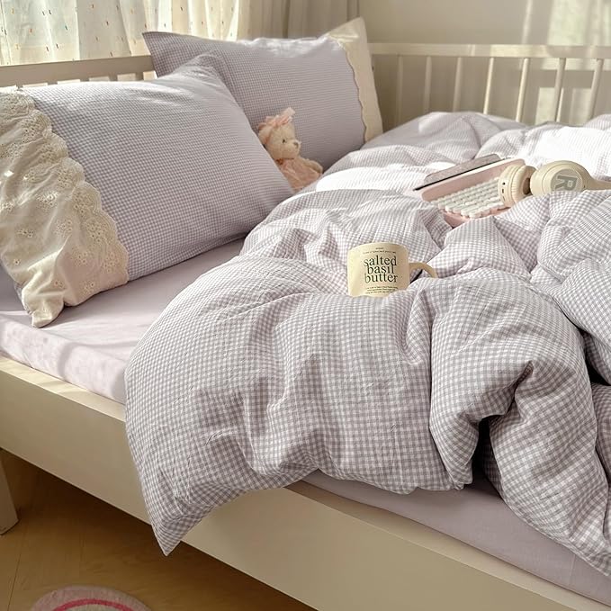 LifeTB Purple Gingham Comforter Set King 3 Pieces Purple Grid Bedding Comforter with Romantic White Lace Fluffy Soft Microfiber Farmhouse Gingham Bedding Set Vintage Plaid Checkered Comforter Set