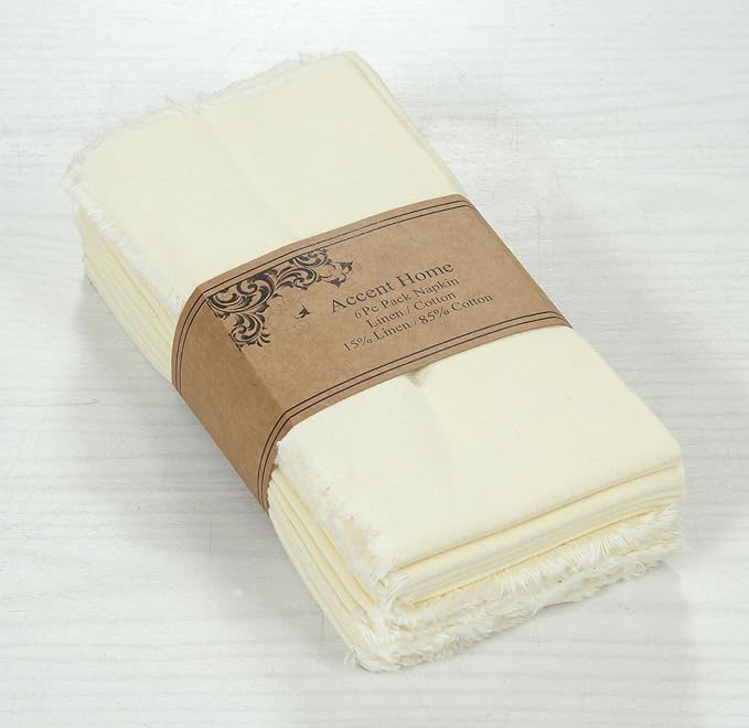 ACCENTHOME Cream Cotton Linen Napkin Set of 6 18x18 inch Dinner Napkins - Washable Soft Premium Hotel Quality Reusable Napkins Perfect Table Napkins for Family Dinners, Weddings & Everyday Use