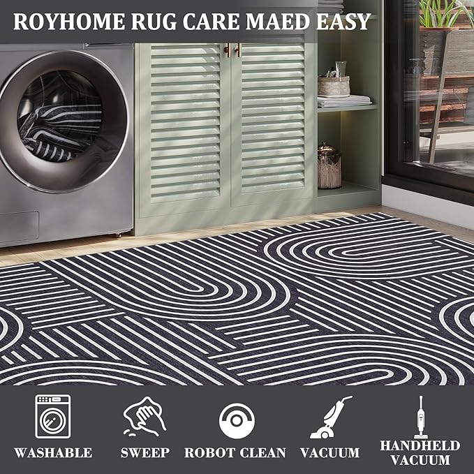 Washable Boho 9x12 Large Area Rug Modern Abstract Black White Rugs Non Shedding Soft Bedroom Carpet Ultra-Thin Low Pile Living Room Floor Mat Non Slip Modern Carpet for Playroom Dining Room, Black