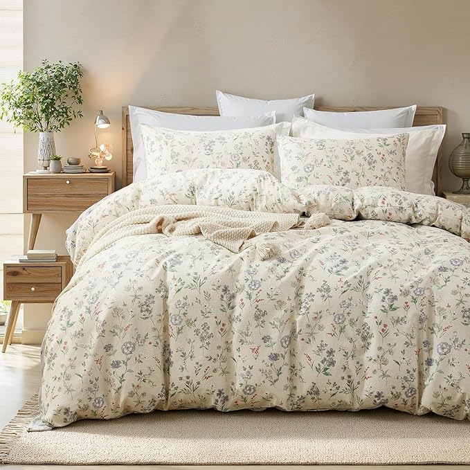 EAVD Chic Garden Floral Duvet Cover Full Beige Soft 100% Cotton Cute Colorful Floral Aesthetic Bedding Set with 2 Pillowcases Fresh Reversible Botanical Duvet Cover with Zipper Closure