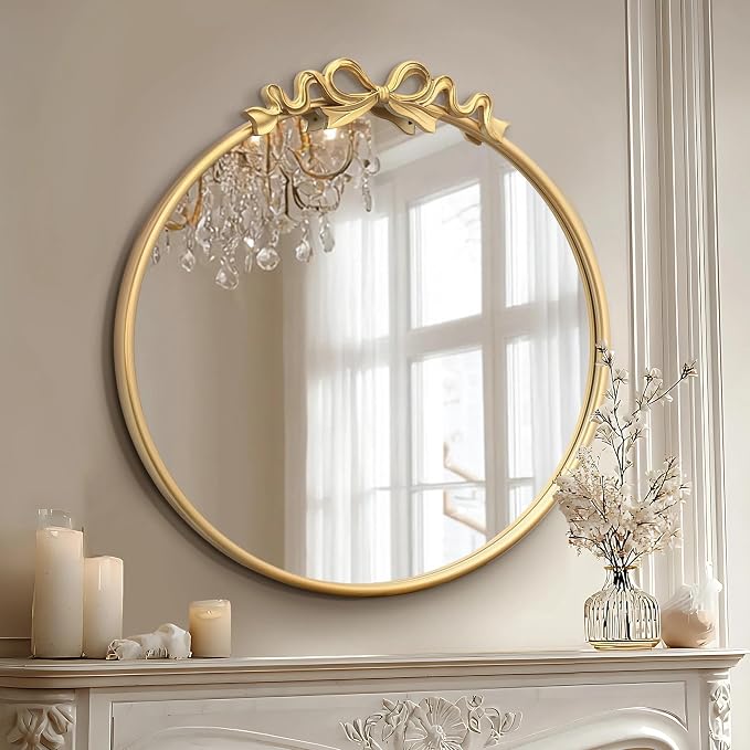 Besdomus Vintage Gold Mirror: 27" Bow Round Wall Mounted Mirror - Baroque Traditional Ornate Metal Framed for Entryway/Fireplace/Bathroom/Hallway - Home Decor for Fashion-Conscious