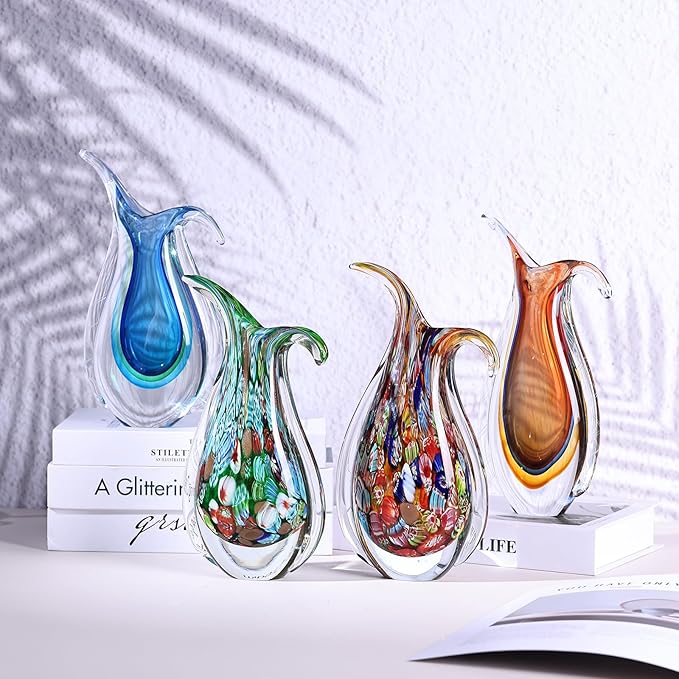 Blue Hand Blown Glass Vase – Oval Decorative Art Glass for Centerpieces, Murano Inspired Decor for Dining Room, Entryway Table, or Shelf, Handmade Glass Vase for Home Display (Blue Green)