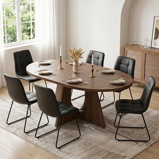 HIPIHOM Modern Round Expandable Dining Table Set for 6, 43.3"-59" Walnut Kitchen Table with 6 PU Leather Chairs, 7-Piece Mid-Century Dining Room Set
