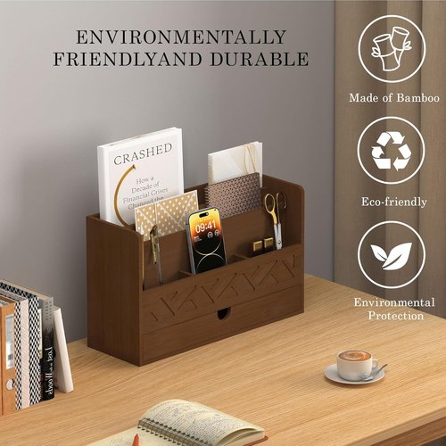 Bamboo Mail Organizer by [Brand Name] - All-in-One Desktop File Organizer with Drawer & Pencil Holder (Walnut)