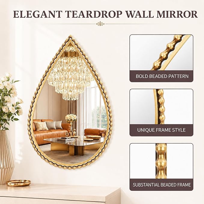 24x36 Inch Large Teardrop Wall Mirror with Bold Antique Gold Beaded Iron Metal Frame, Pointed Arch Vertical Vanity Mirror for Bathroom, Entryway, Bedroom, Living Room Wall Mounted