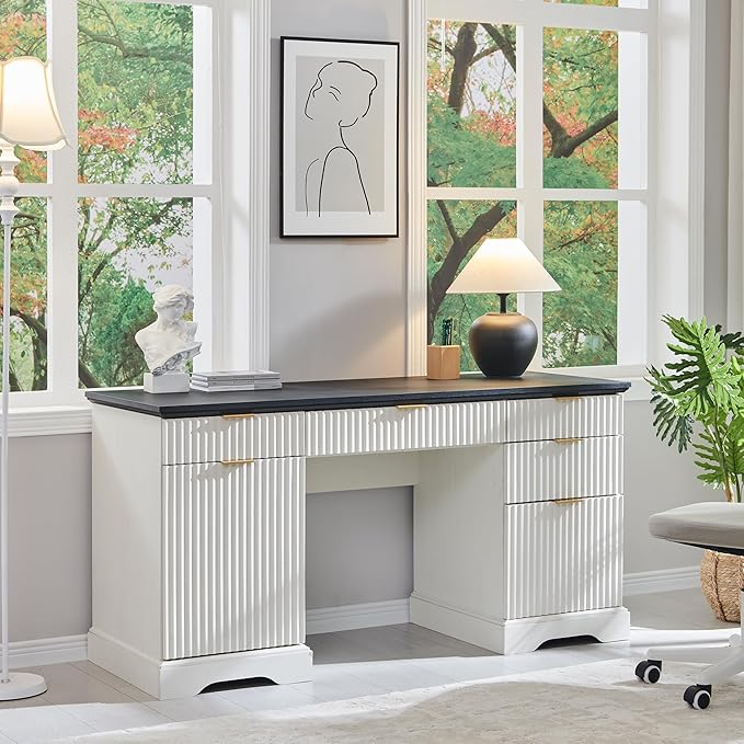 JXQTLINGMU 58" Modern Executive Desk with Storage, Wood Home Office Desk with 5 Drawers & 1 Cabinet, Fluted Computer Writing Desk for Study, Living Room, Bedroom, Antique White