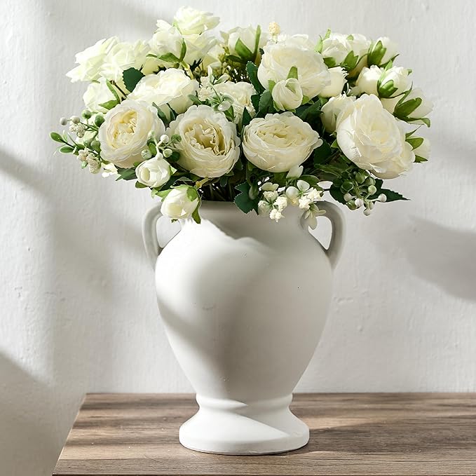 Ceramic Rustic Flower Vase with Handles, 8.46 Inch Tall Vintage Pottery Home Decor, Farmhouse Terracotta Vase for Living Room, Table, Shelf, Mantel Decoration, Farmhouse- Off-White