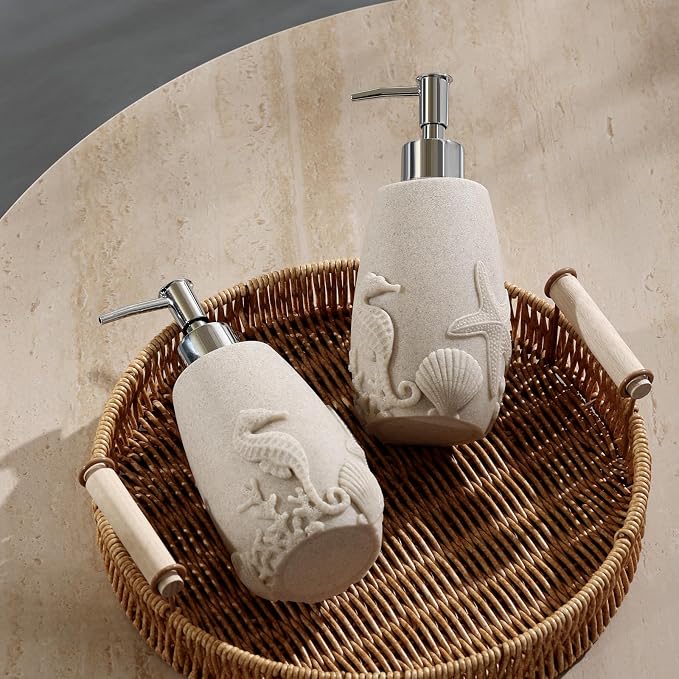 Soap Dispensers 350mL 11OZ, 2 PCS Luxurious Ocean Hand Dish Lotion Shampoo Soap Dispenser Jar, Sea Shell Soap Pump Bottles for Kitchen Bathroom Countertop Beige