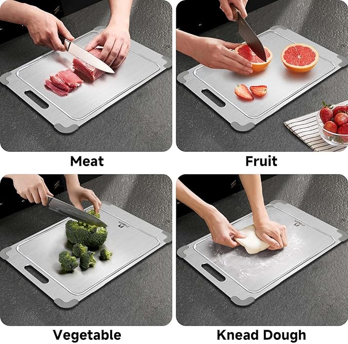 100% Pure Titanium Cutting Board with Grooves, Update Double Side Titanium Chopping Board, Silicone Anti-slip Stainless Cutting Boards for Kitchen 8 * 12, Grey