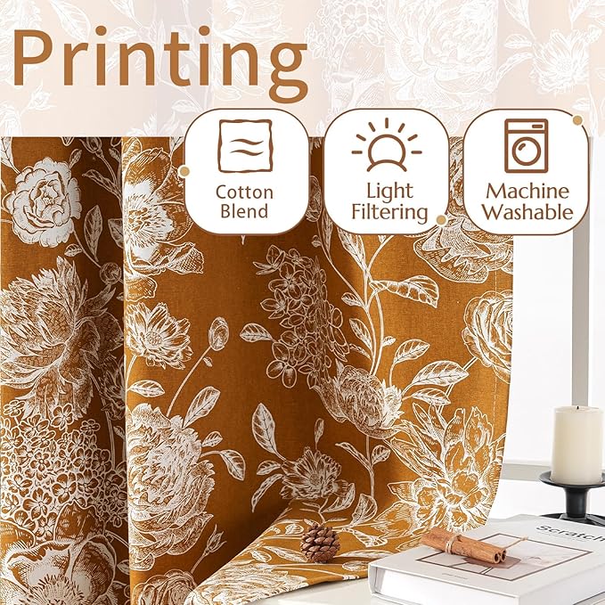 Printed Peony Floral Blackout Curtains for Bedroom- Vintage Orange Bloom Pattern on Cotton Blend Fabric with Grommet Top, 52W x 84L