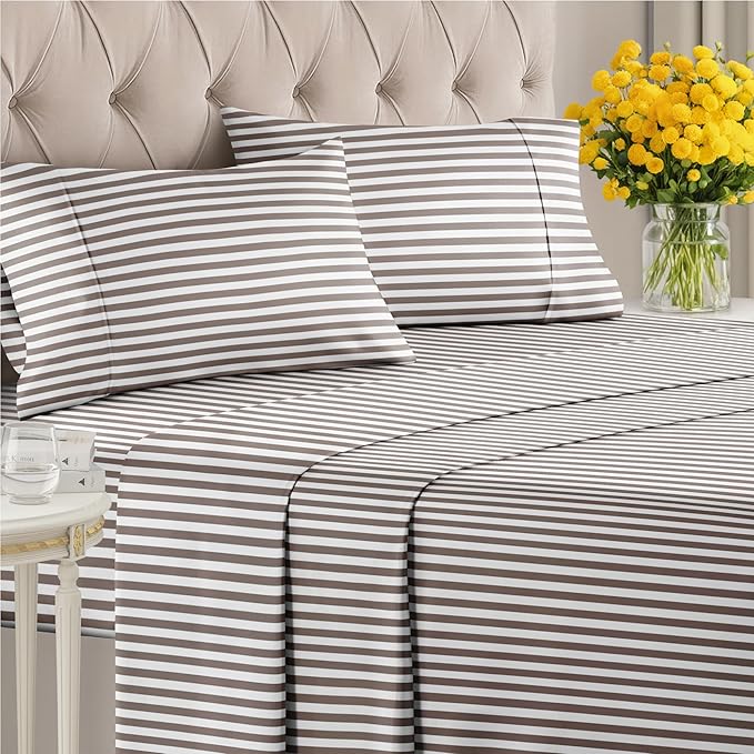 Striped Sheets - Brown Striped Sheets - 1 Flat & 1 Fitted & 2 Pillowcases w/ Deep Pockets – Comfy, Wrinkle & Fade Free - Ultra-Soft, Breathable & Cooling – Luxury Pinstripe Bedding - King Size Bed Set