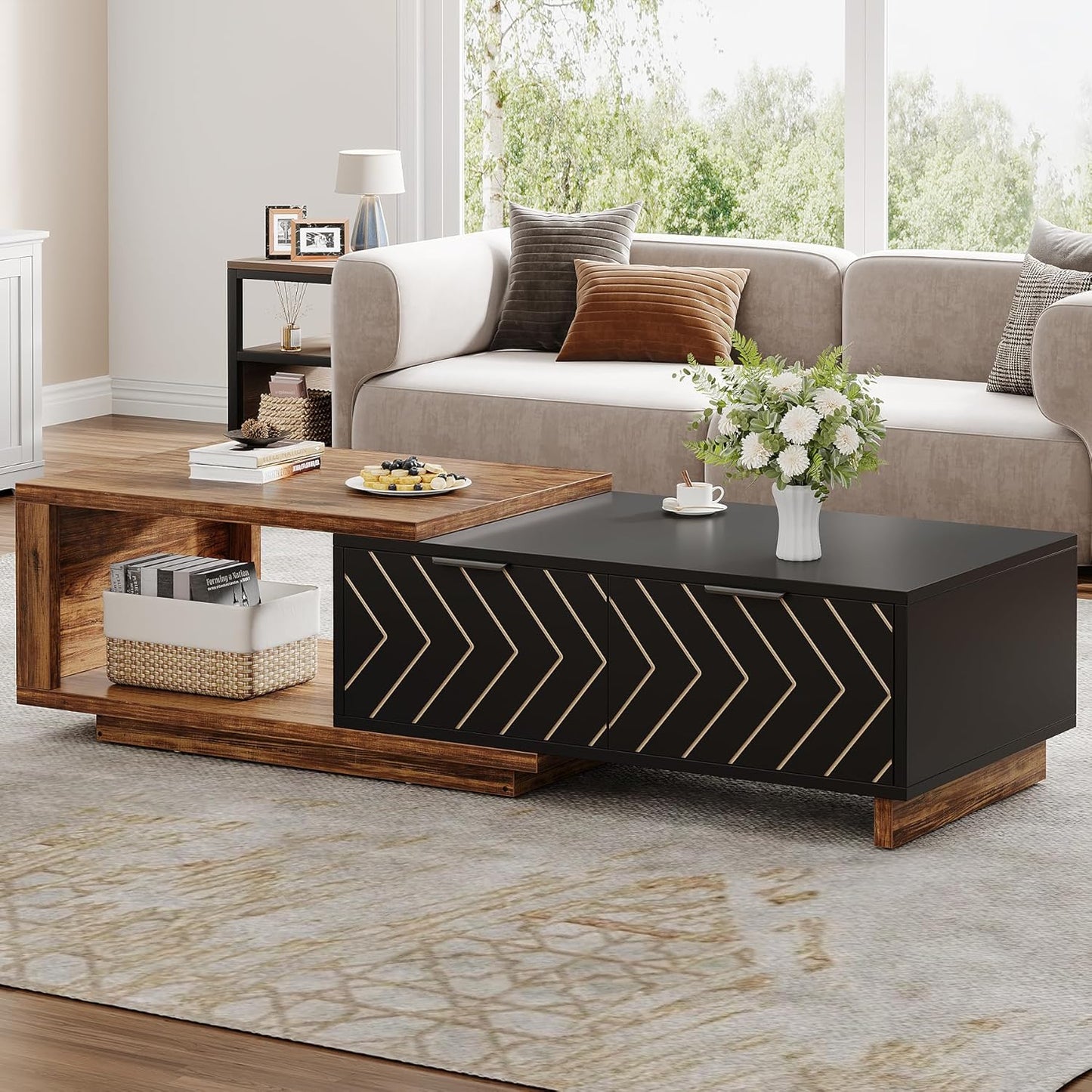 Tribesigns Extendable Coffee Table - Dual-Tone Design with 2 Storage Drawers | Multi-Functional Wooden Table (Brown & Black)