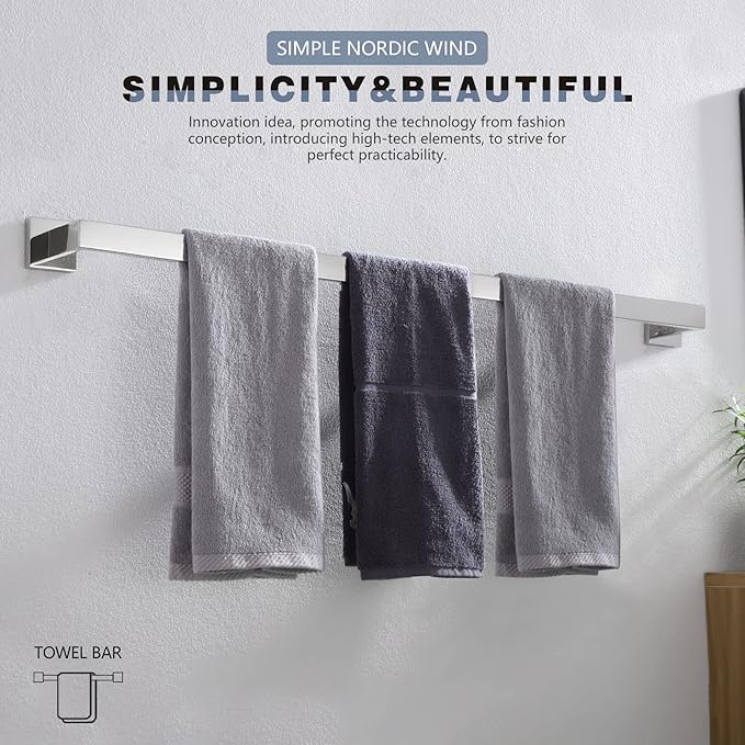 KOKOSIRI 36-Inch Single Towel Bar, Bathroom Kitchen Towel Holder, Wall Mounted SUS304 Stainless Steel Towel Rack, Polished Chrome, B4003CH-L36