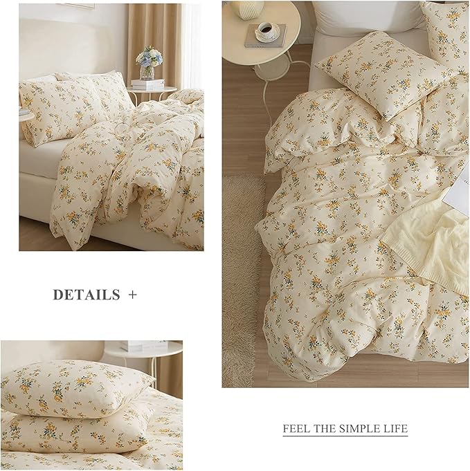 HighBuy 3 Pieces Duvet Covers Twin Size Cute Yellow Floral Duvet Cover Set,Ultra Soft Cotton Bedding Set Botanical Printed Soft Aesthetic Bed Cover with Zipper Closure 4 Ties All Season