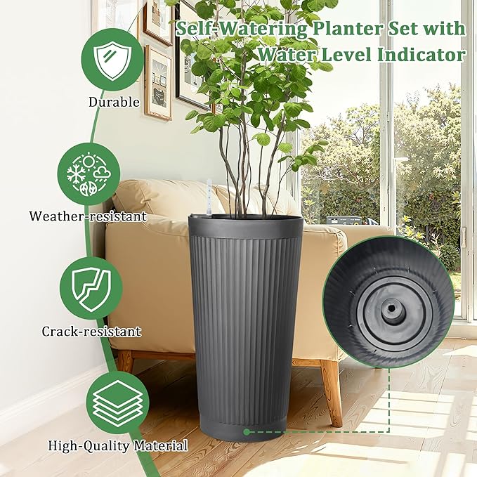 Set of 2 Tall Self-Watering Planters, 24" Large Planters with Water Level Indicator for Indoor & Outdoor Plants, Modern Planters for Garden, Patio, Balcony, Porch, Cement Gray