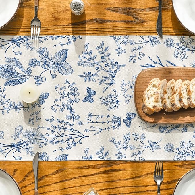 Artoid Mode Blue Wild Flowers Floral Spring Table Runner,Seasonal Summer Kitchen Dining Table Decoration for Home Party Decor 13x72 Inch