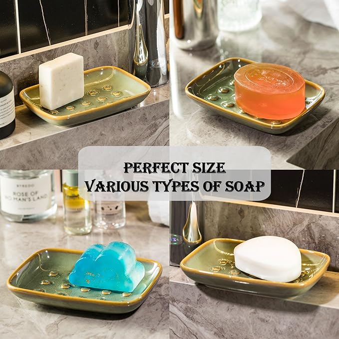Soap Dish for Shower, Ceramic Soap Dish for Large Soap Bars, Non-Slip Soap Holder & Saver Tray with Floating Point Design for Bathroom, Shower, Kitchen Sink, Save Soap Loss